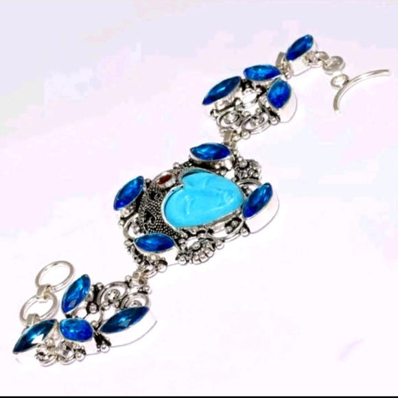 New Carved Goddess Face Multi Gemstone 925 Silver Bracelet. - Picture 6 of 6